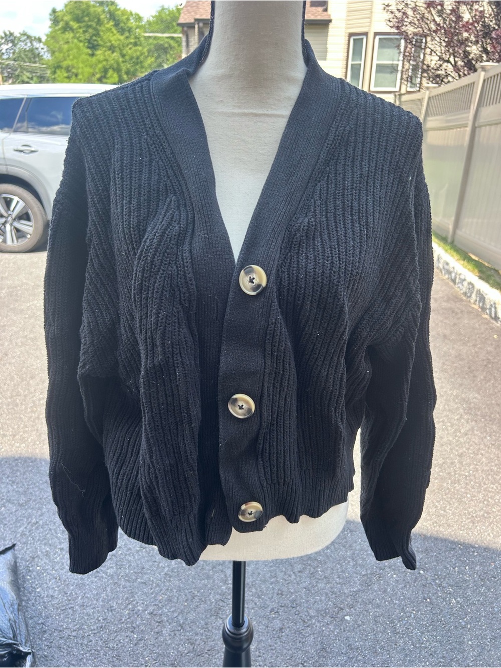 H&M Black Ribbed Button-Front Cardigan
